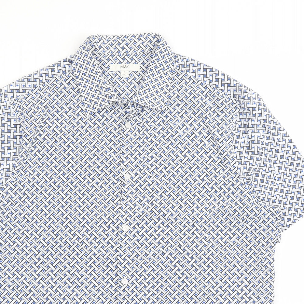 Marks and Spencer Mens Blue Geometric Polyester Button-Up Size L Collared Button