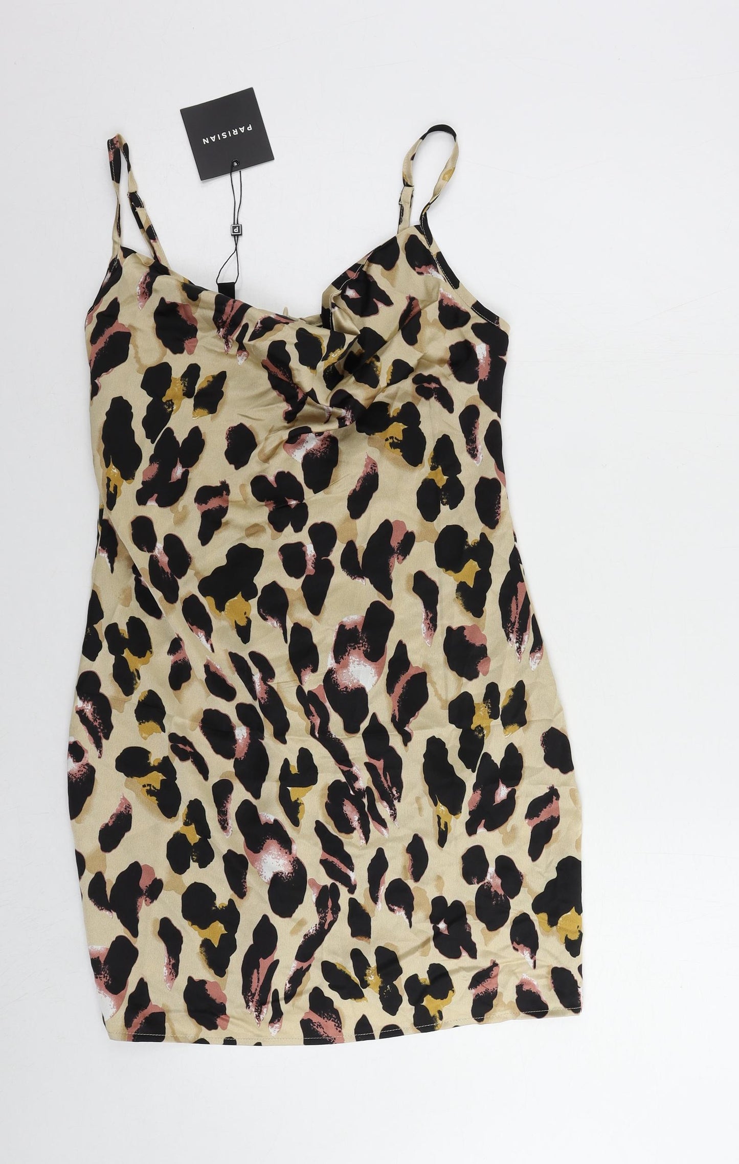 Parisian Womens Beige Animal Print Polyester Slip Dress Size 12 Cowl Neck Pullover