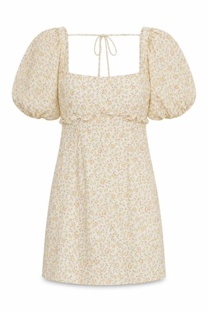 Topshop Womens Beige Floral Cotton Mini Size 10 Square Neck Zip - Puff Sleeve