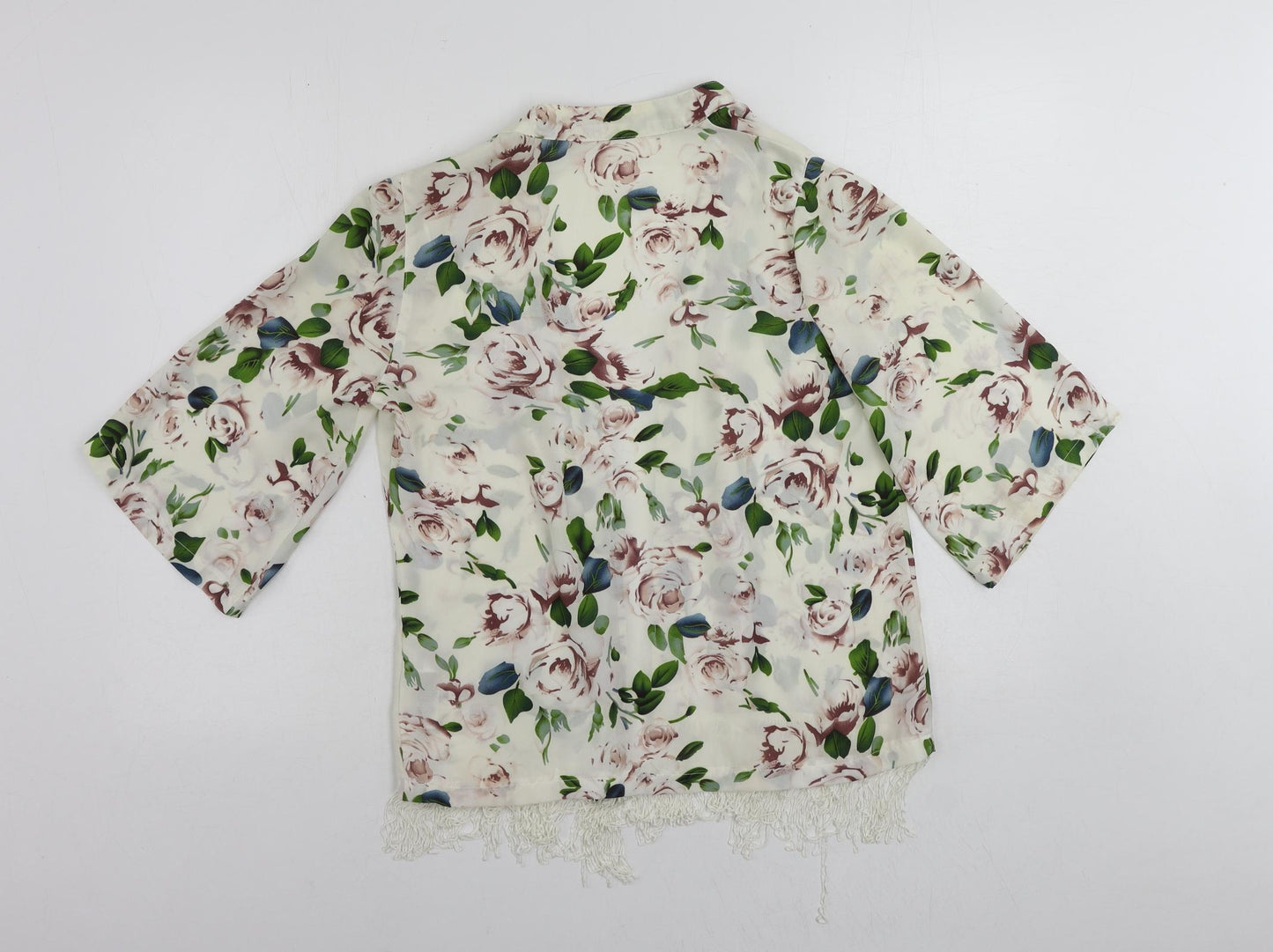 New Look Womens White Floral Polyester Kimono Blouse Size 10 V-Neck - Open Fringe