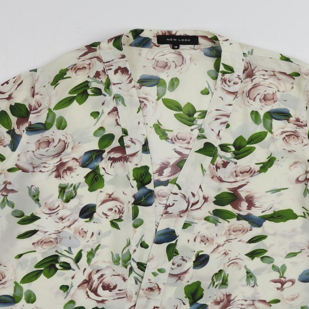 New Look Womens White Floral Polyester Kimono Blouse Size 10 V-Neck - Open Fringe
