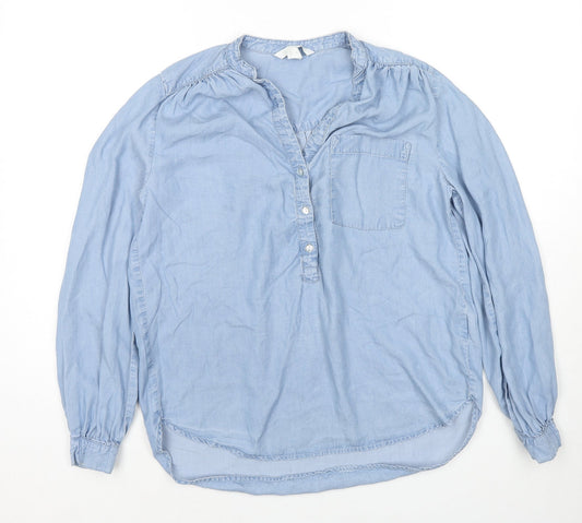 H&M Womens Blue Lyocell Basic Button-Up Size 6 V-Neck