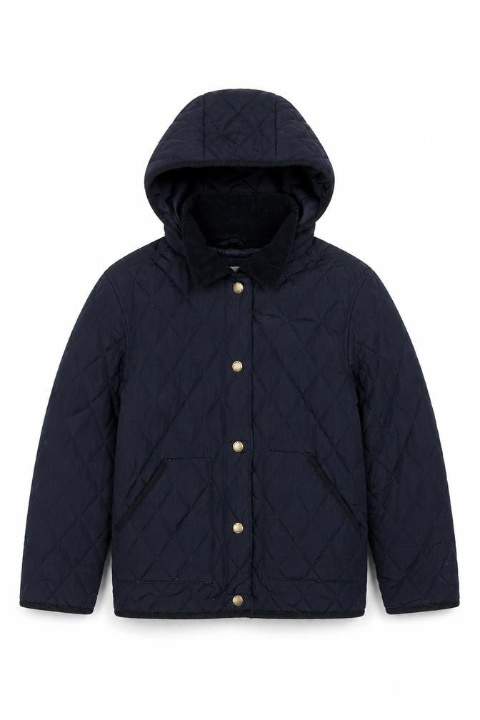 Front view of Mango boys’ blue quilted jacket, size 9, years zip