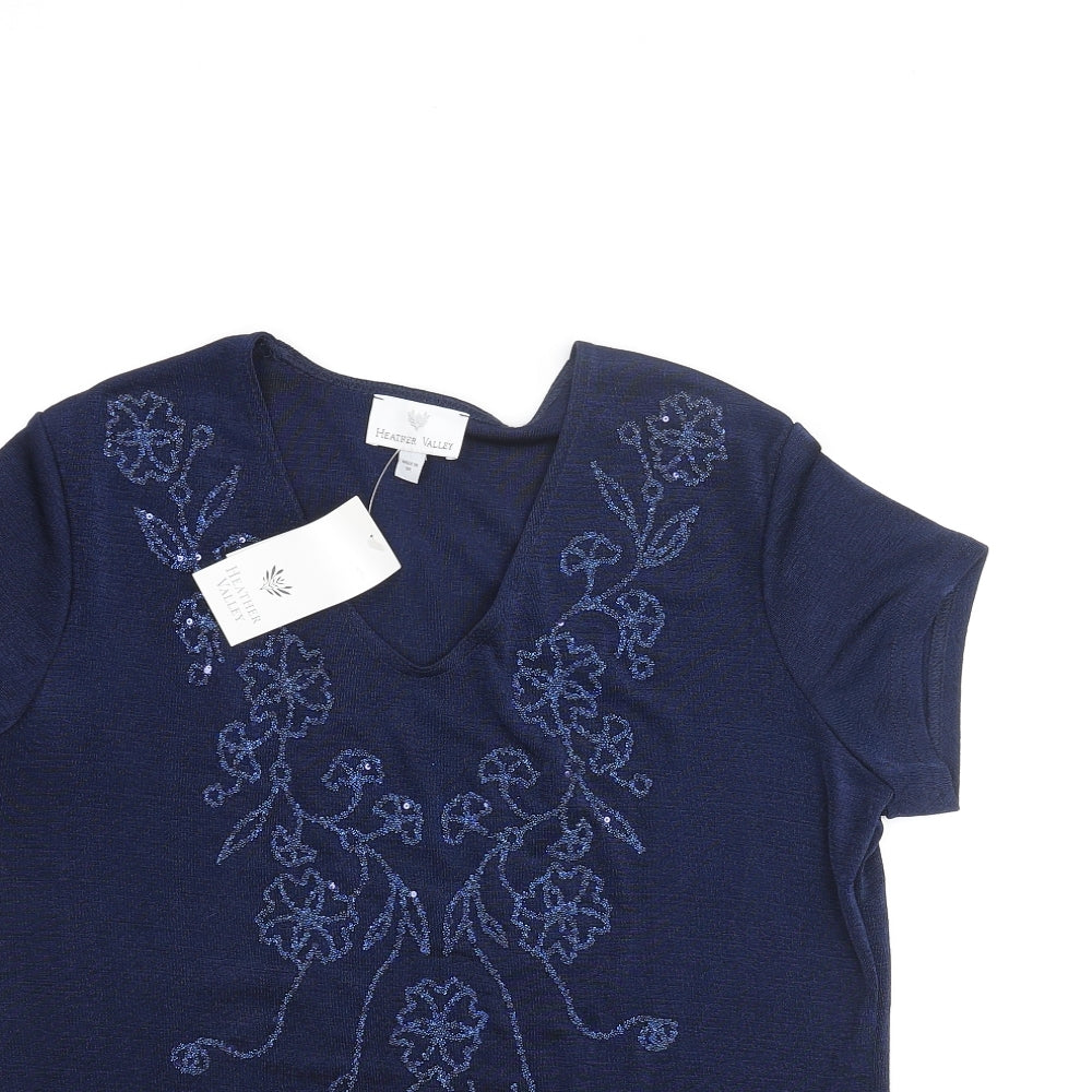 Heather Valley Womens Blue Polyester Basic Blouse Size 12 V-Neck - Floral Beading