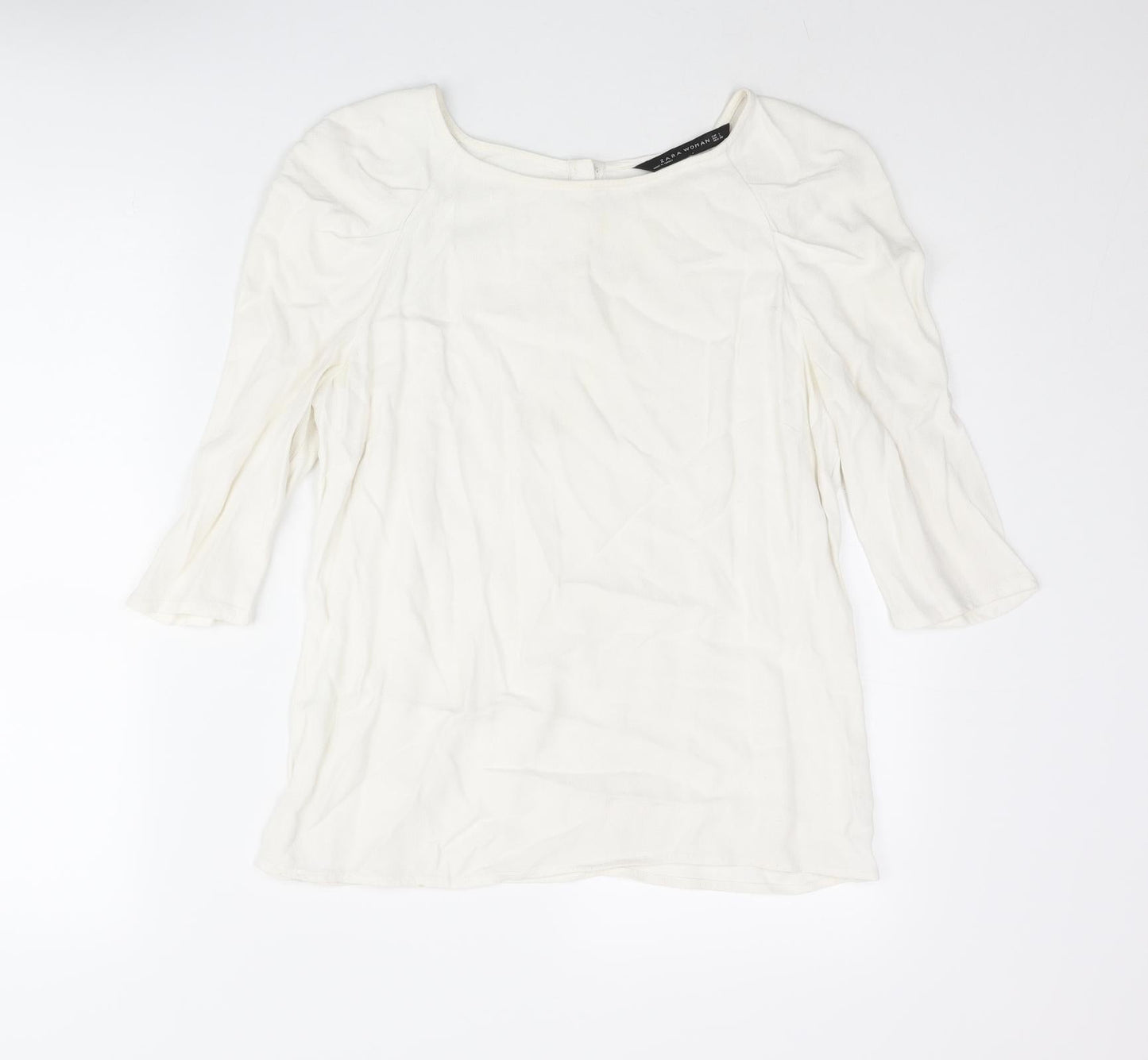 Zara Womens Ivory Viscose Basic Blouse Size L Round Neck - Star Button