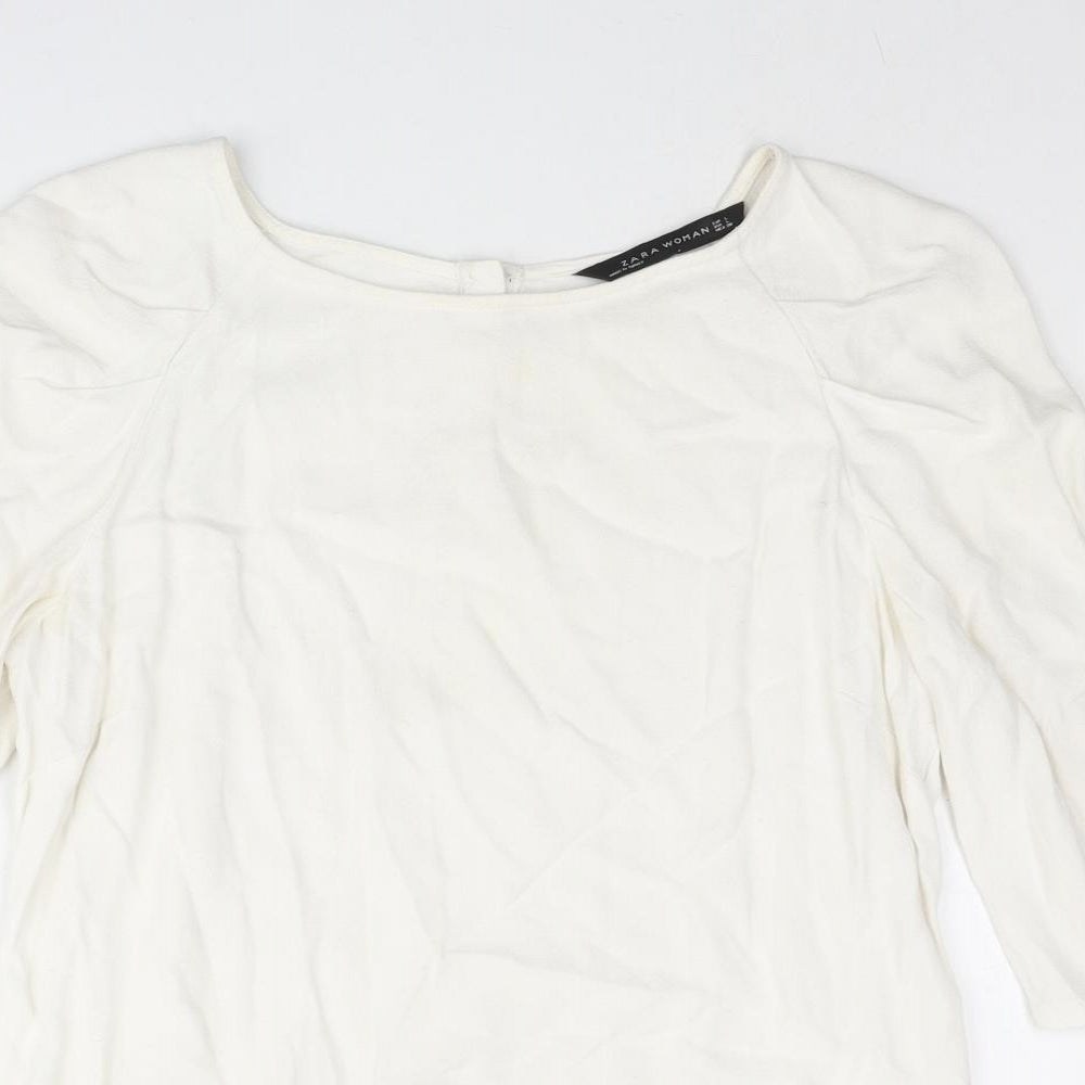 Zara Womens Ivory Viscose Basic Blouse Size L Round Neck - Star Button