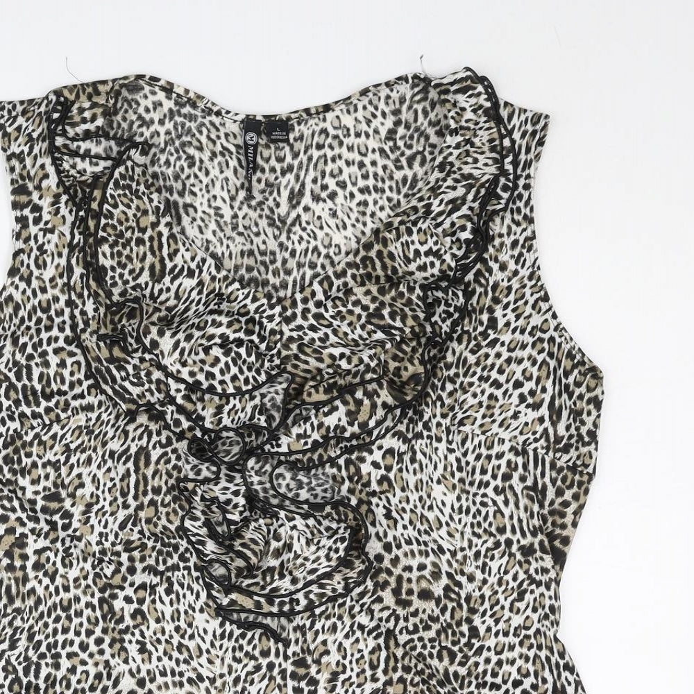 Milano Womens Beige Animal Print Polyester Basic Blouse Size M V-Neck - Leopard Print Frill