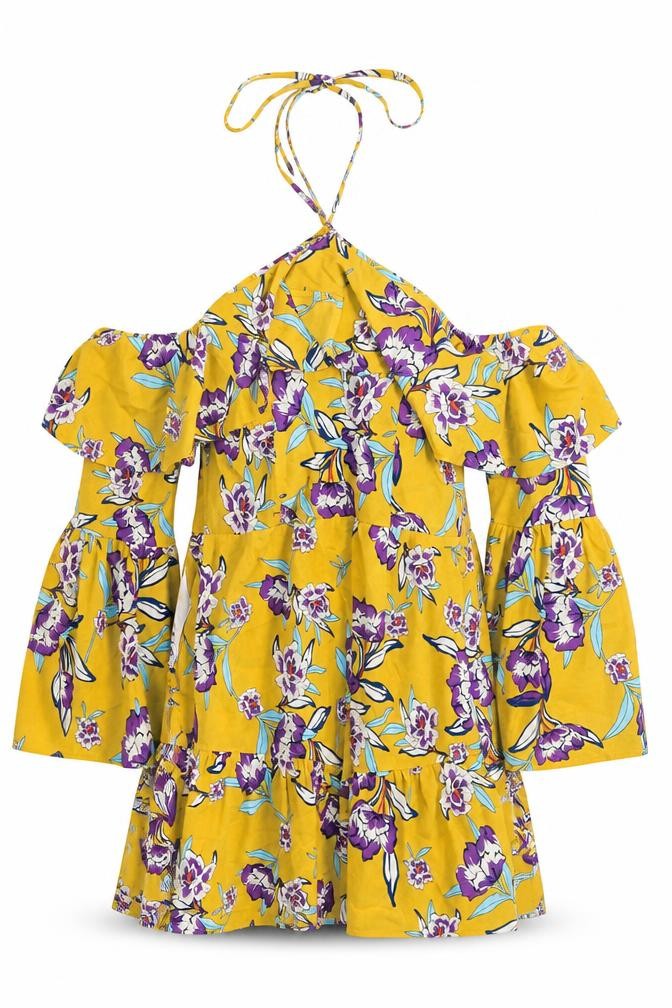 PRETTYLITTLETHING Womens Yellow Floral Polyester Shift Size 16 Halter Zip - Cold Shoulder Frill