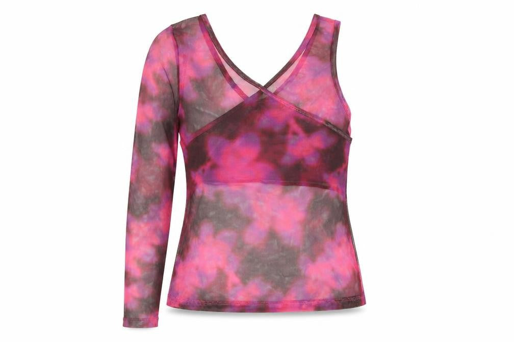 Front view of AsYou women’s pink polyester basic blouse, size UK 12, v-neck - semi sheer