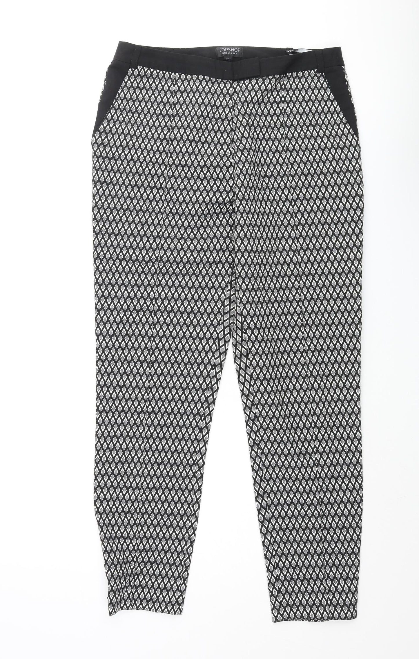Topshop Womens Black Geometric Polyester Dress Pants Trousers Size 10 L25 in Regular Zip
