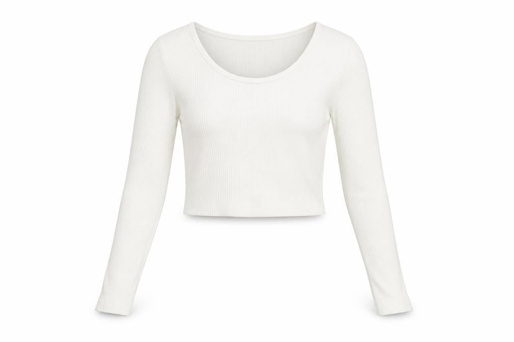PRETTYLITTLETHING Womens Ivory Polyester Cropped T-Shirt Size S Scoop Neck - Ribbed