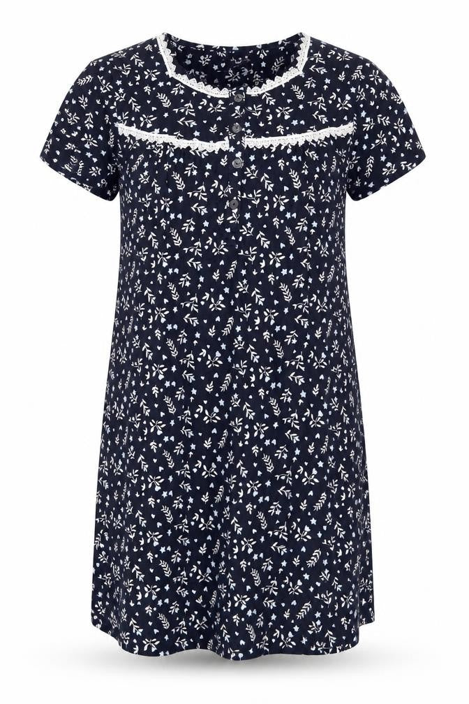 Front view of Arista women’s blue floral cotton cami dress, size UK 8, button - lace trim button, size UK 8-10