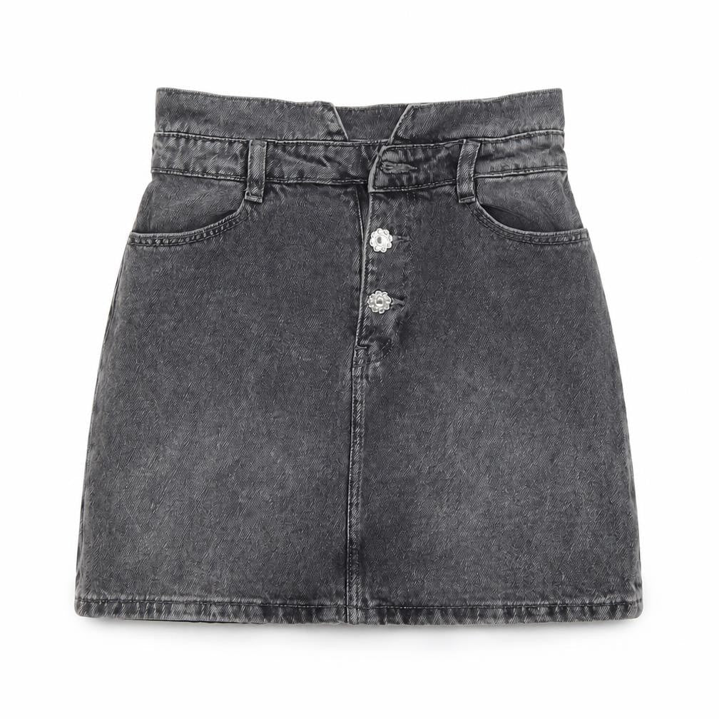 Front view of Denim & Co. women’s grey cotton a-line skirt, size UK 8, button