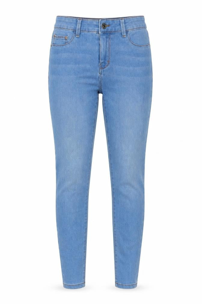 Front view of Denim & Co. women’s blue cotton jegging jeans, size UK 6, 28-inch leg regular button