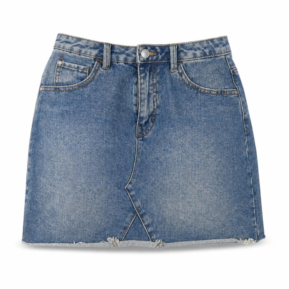 Front view of Denim & Co. women’s blue cotton a-line skirt, size UK 8, zip