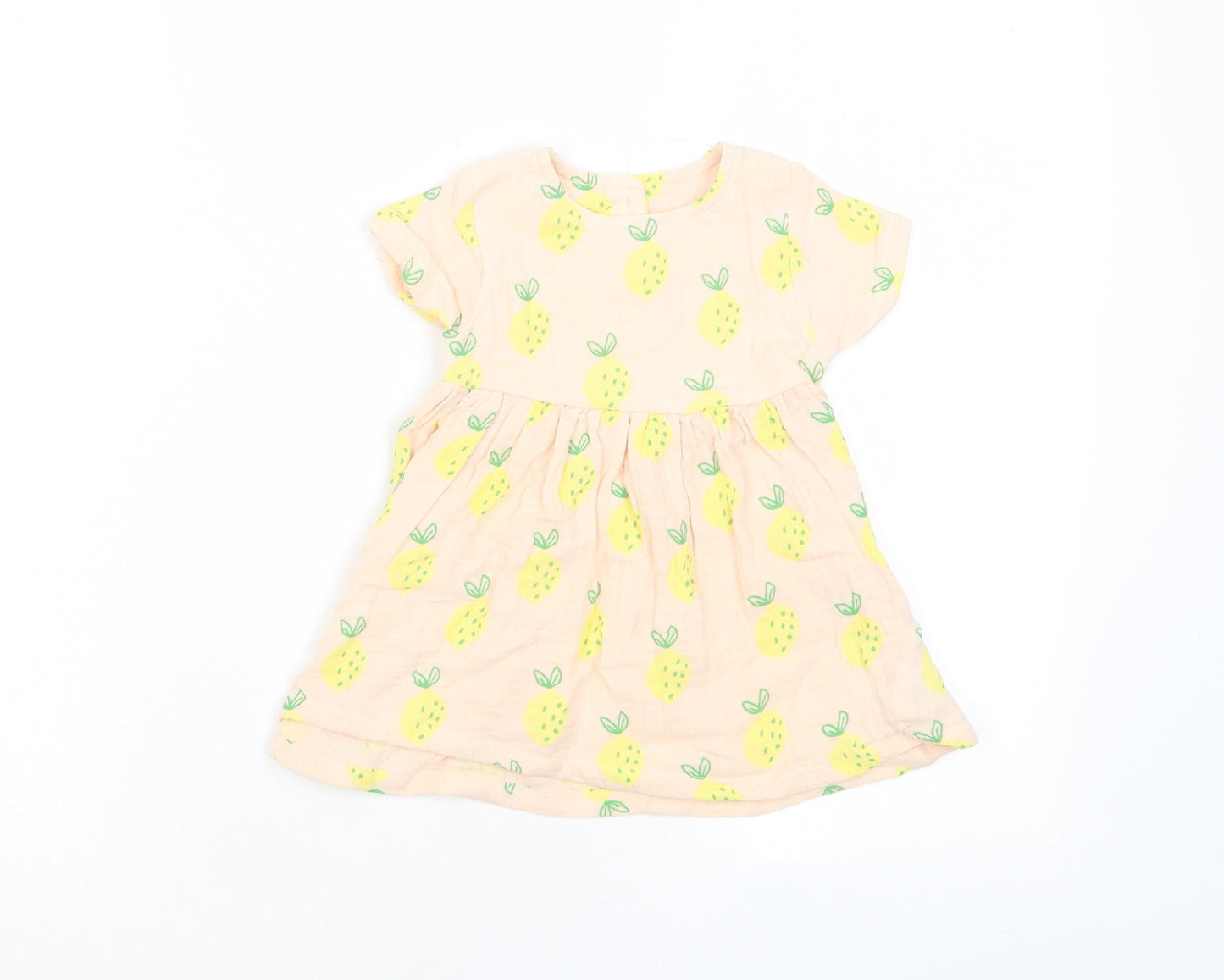 Marks and Spencer Girls Beige Geometric Cotton A-Line Size 6-9 Months Crew Neck Button - Pineapple print