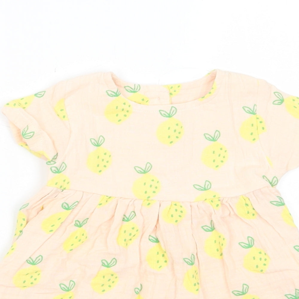 Marks and Spencer Girls Beige Geometric Cotton A-Line Size 6-9 Months Crew Neck Button - Pineapple print
