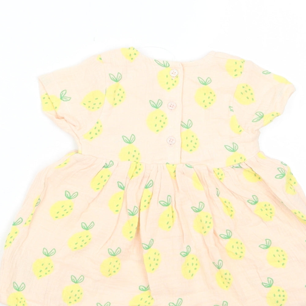 Marks and Spencer Girls Beige Geometric Cotton A-Line Size 6-9 Months Crew Neck Button - Pineapple print