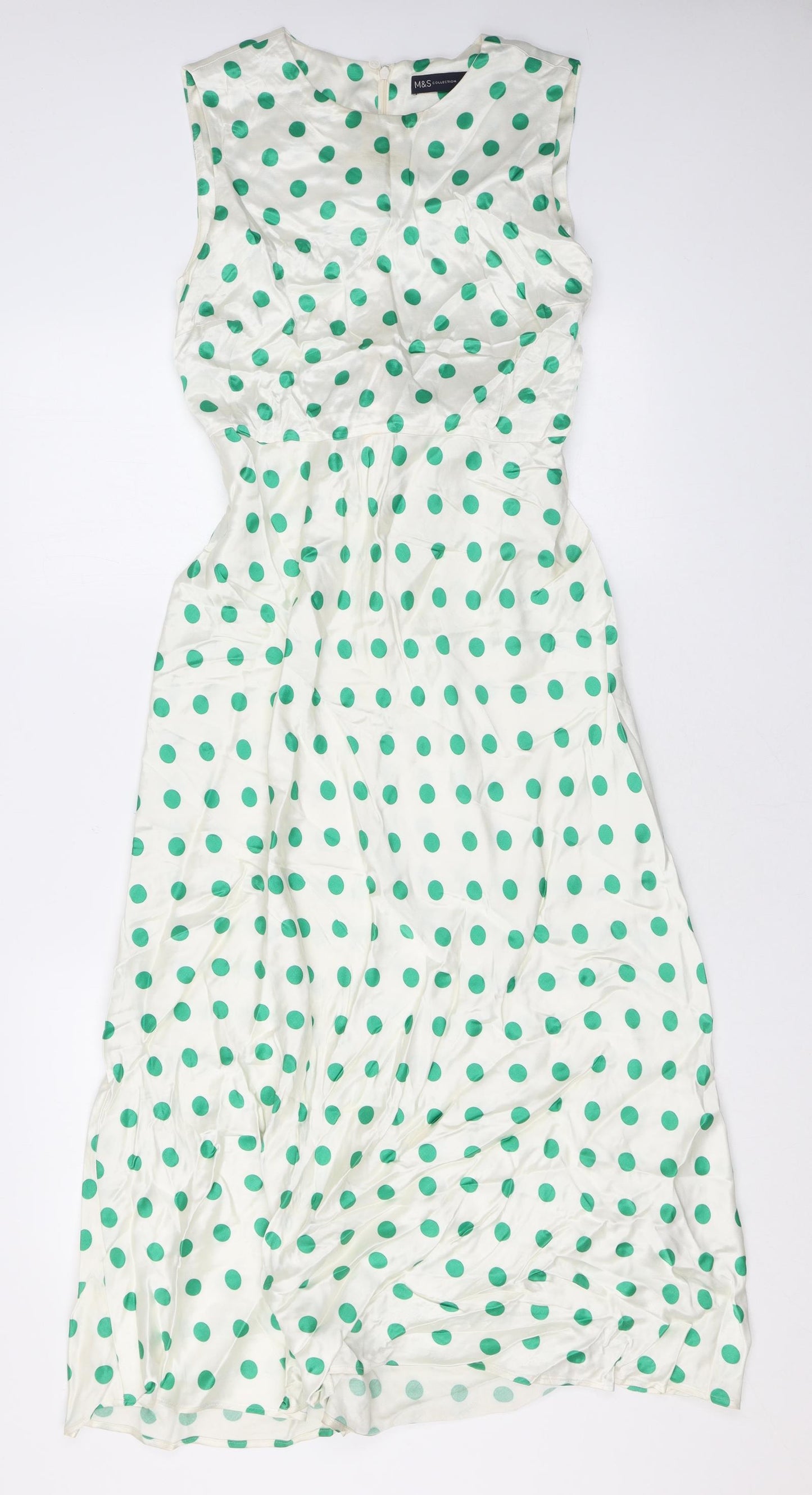 Marks and Spencer Womens Ivory Polka Dot Viscose A-Line Size 8 Round Neck Zip