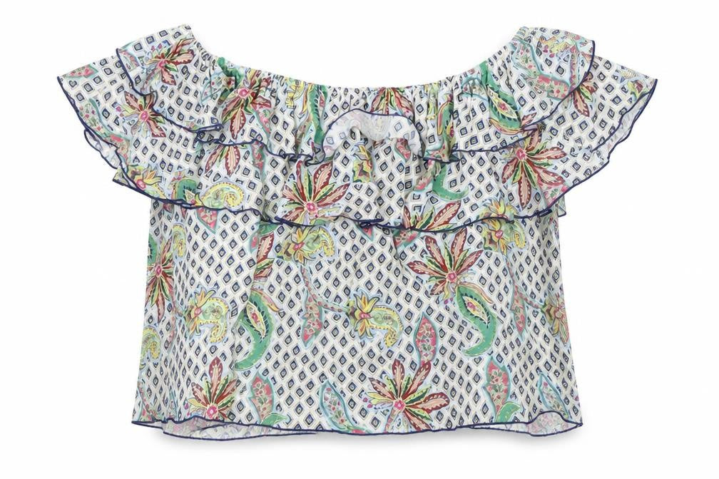 Zara Womens Multicoloured Geometric Polyester Basic Blouse Size L Off the Shoulder - Ruffle