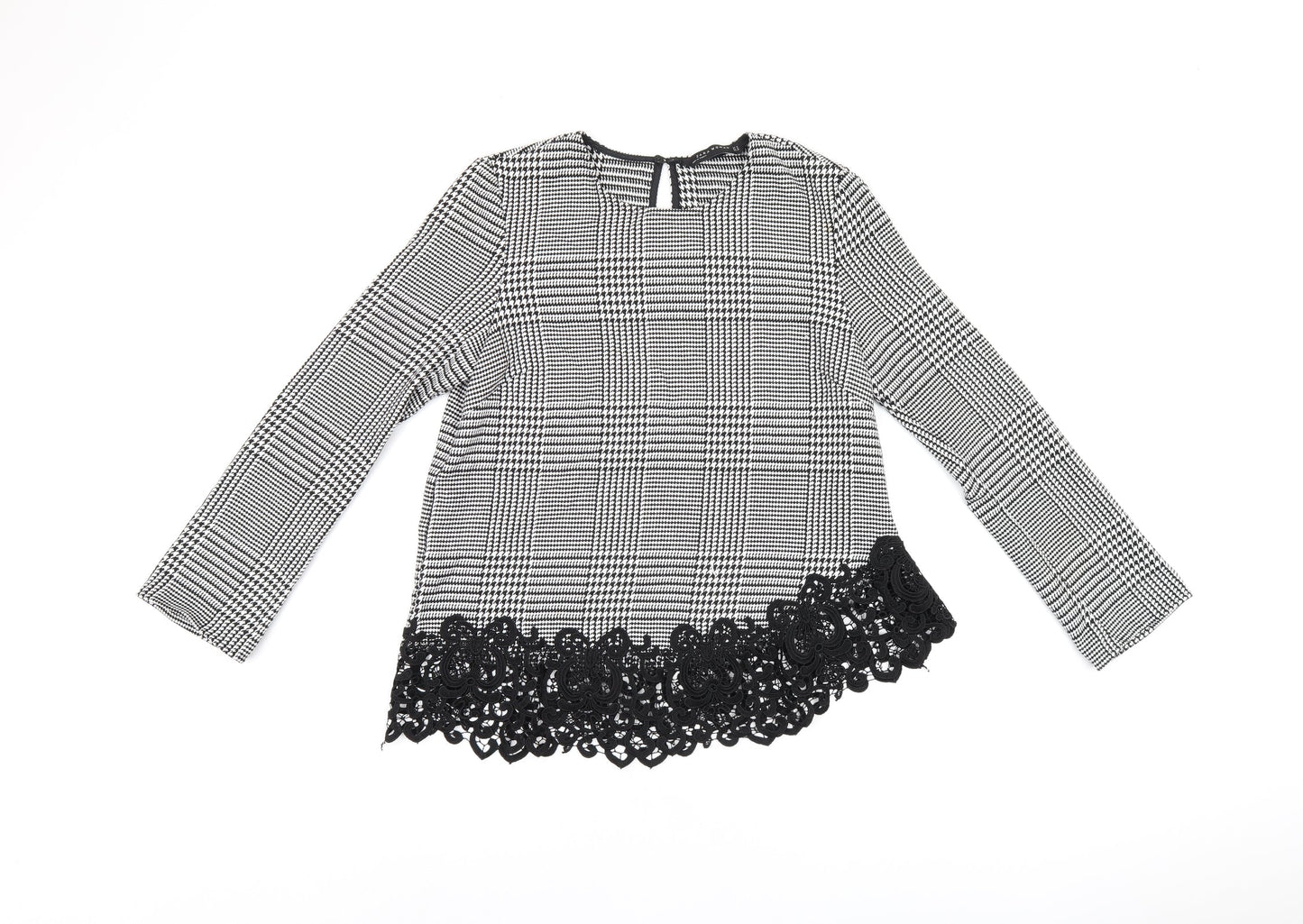 Zara Womens Grey Geometric Polyester Basic Blouse Size M Round Neck - Houndstooth Pattern Crochet Details