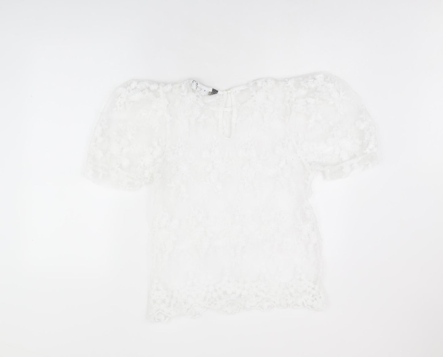 Lipsy Womens White Floral Polyester Basic Blouse Size 10 Round Neck - Sheer
