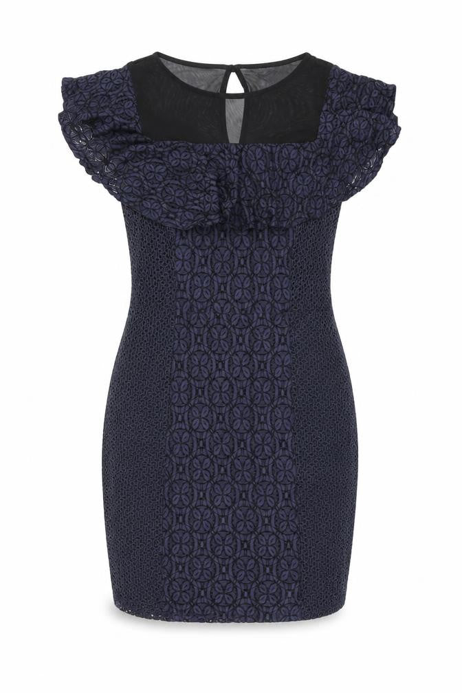 Front view of Miss Selfridge women’s blue floral cotton bodycon, size UK 10, round neck zip - frill detail broderie anglaise