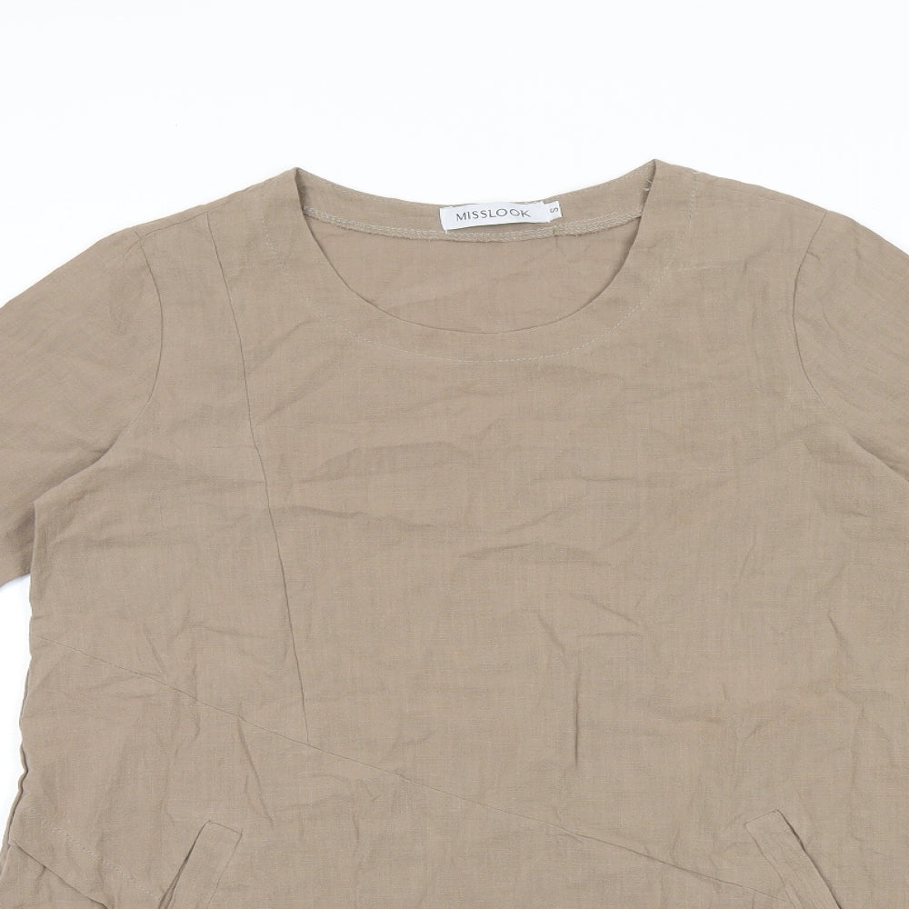 MissLook Womens Beige Polyester Basic T-Shirt Size S Round Neck