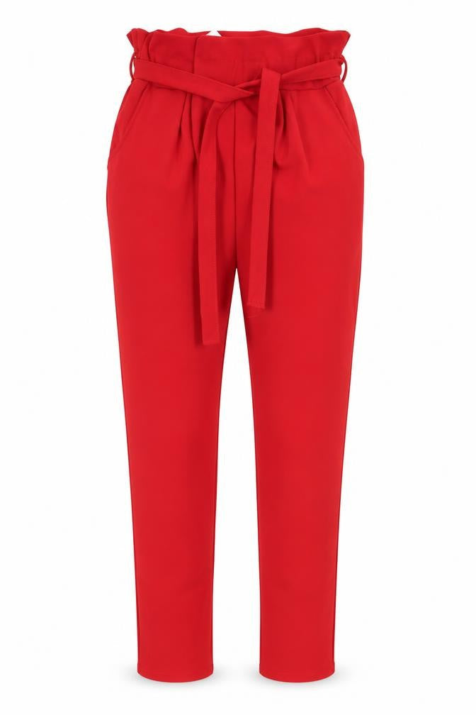 Prague Womens Red Polyester Trousers Size 8 L29 in Regular - Papperbag Waist