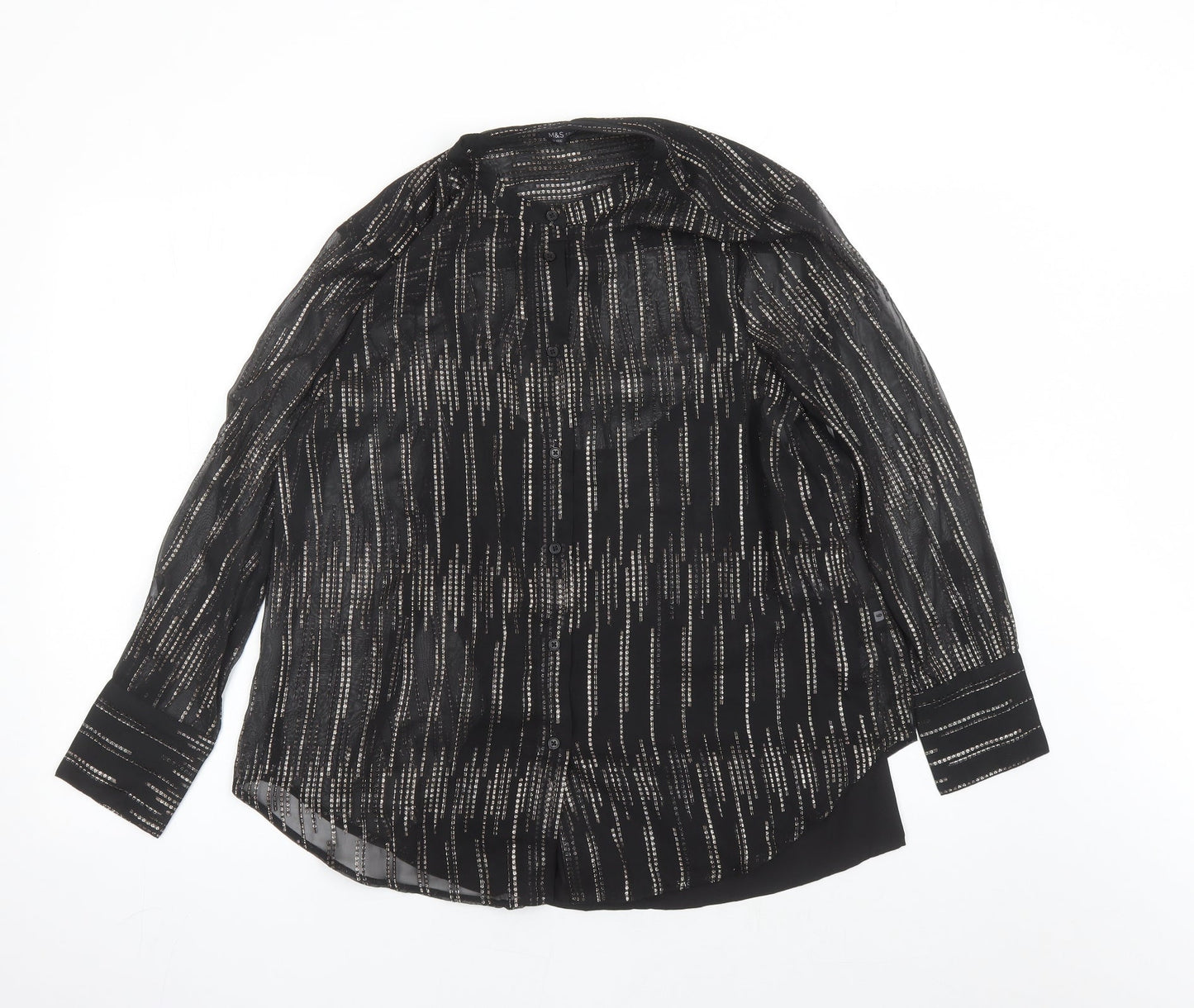 Marks and Spencer Womens Black Geometric Polyester Basic Button-Up Size 10 Round Neck