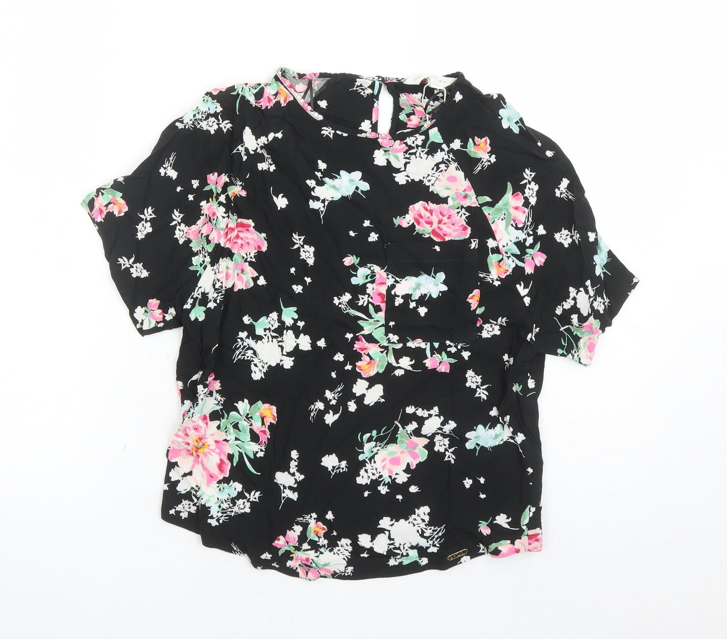Marks and Spencer Womens Black Floral Viscose Basic Blouse Size 6 Round Neck