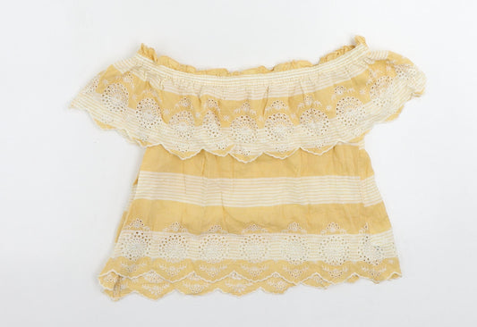 American Eagle Outfitters Womens Yellow Striped Cotton Cropped Blouse Size XS Off the Shoulder - Embroidered