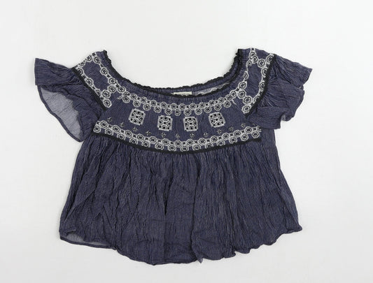 American Eagle Outfitters Womens Blue Striped Cotton Cropped Blouse Size XS Off the Shoulder - Embroidered