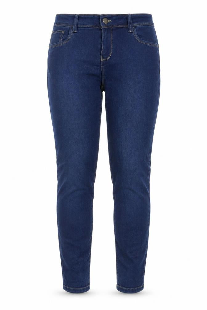 Front view of Denim & Co. women’s blue cotton jegging jeans, size UK 12, 26-inch leg regular button