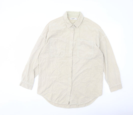 Pull&Bear Womens Beige Cotton Basic Button-Up Size S Collared