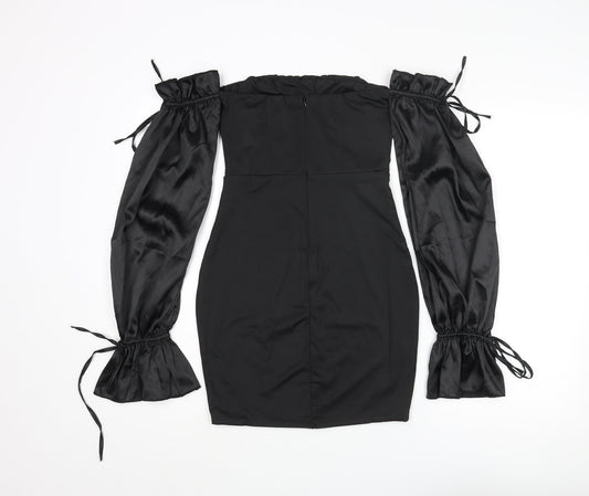 Luxedo Womens Black Polyester Bodycon Size XS Off the Shoulder Zip - Satin Sleeve Rouched Bow