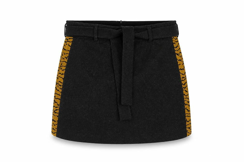 Zoe Karssen Womens Black Wool Mini Skirt Size M Zip - Belted Tiger Print Side Taping