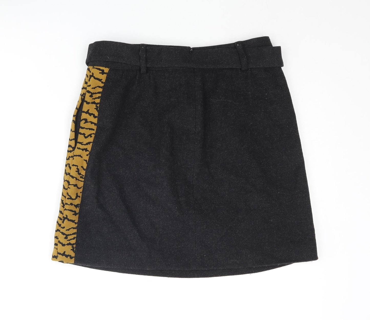 Zoe Karssen Womens Black Wool Mini Skirt Size M Zip - Belted Tiger Print Side Taping
