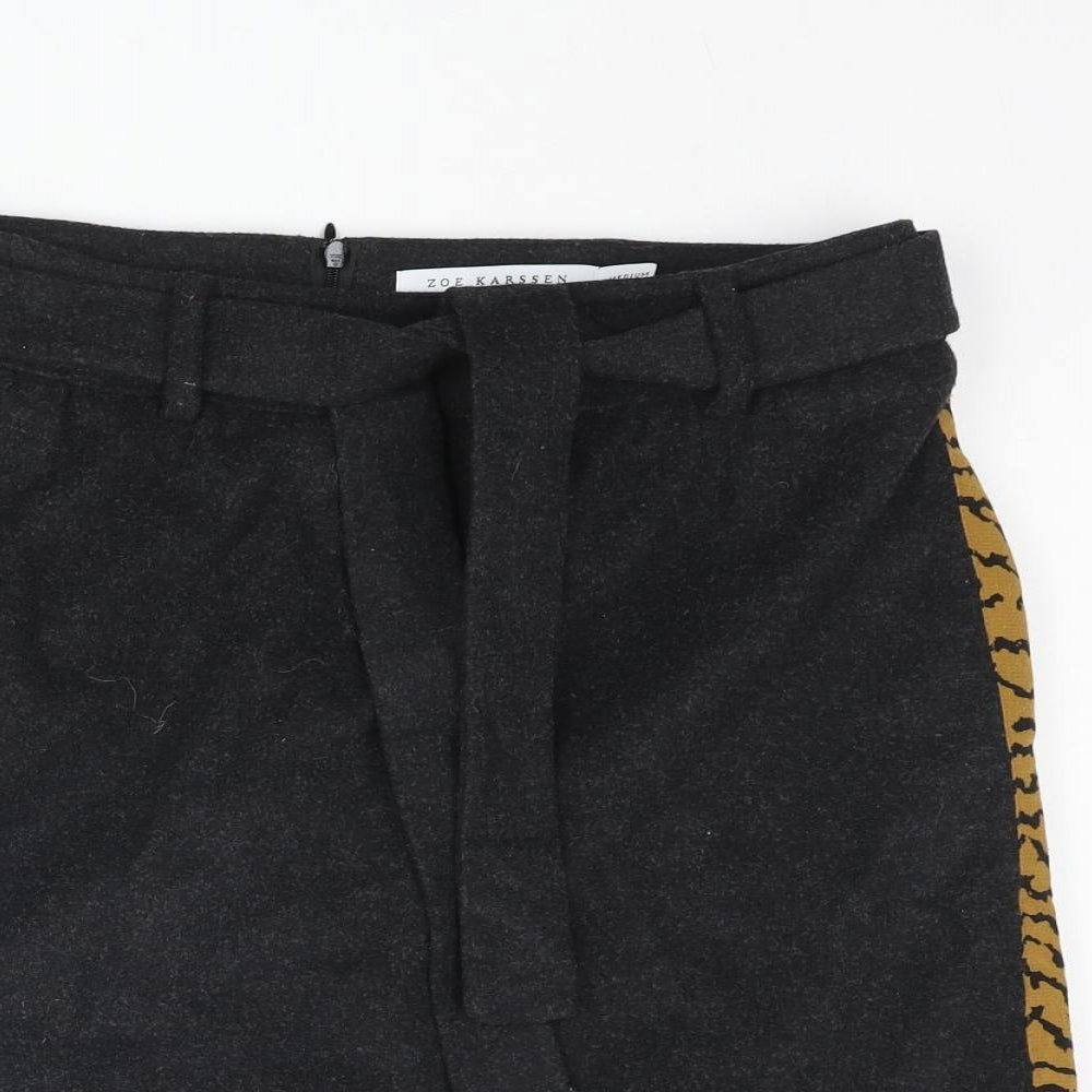Zoe Karssen Womens Black Wool Mini Skirt Size M Zip - Belted Tiger Print Side Taping
