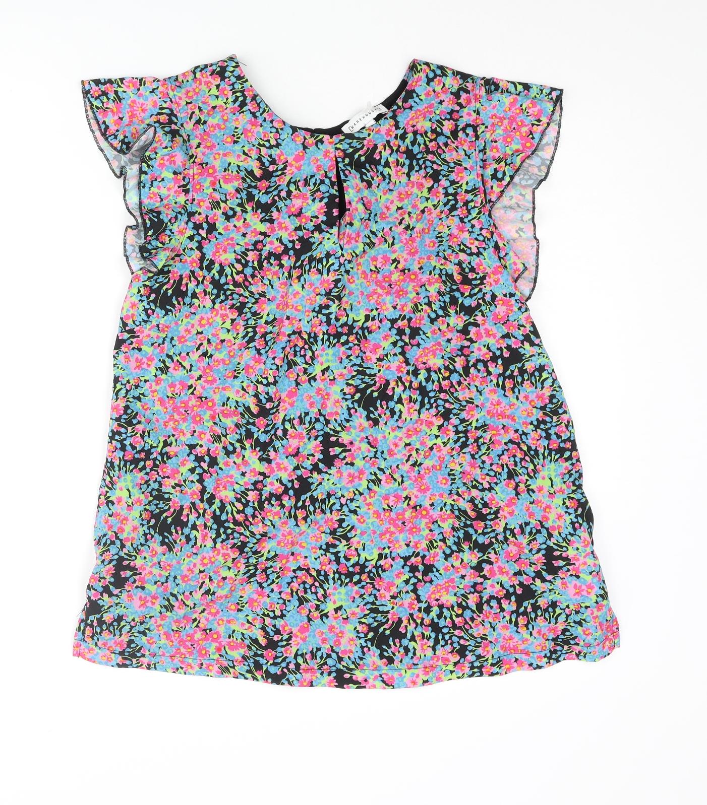 Warehouse Womens Multicoloured Polyester Basic Blouse Size 12 Round Neck - Frill Sleeve Floral Front