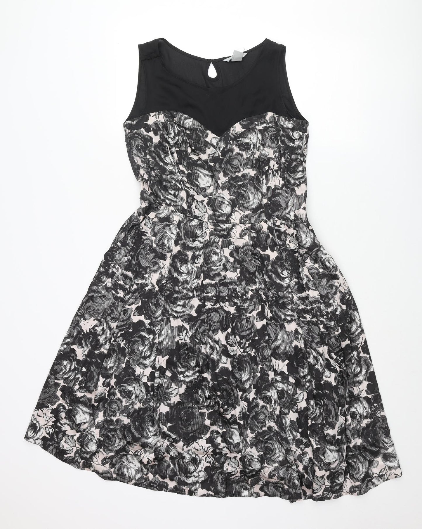 H&M Womens Black Floral Polyester Fit & Flare Size 12 Round Neck Zip - Pleated