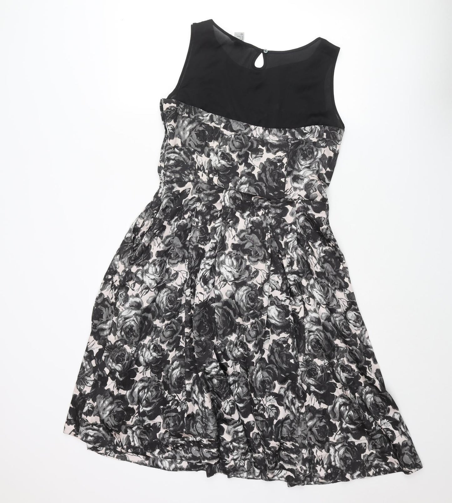 H&M Womens Black Floral Polyester Fit & Flare Size 12 Round Neck Zip - Pleated