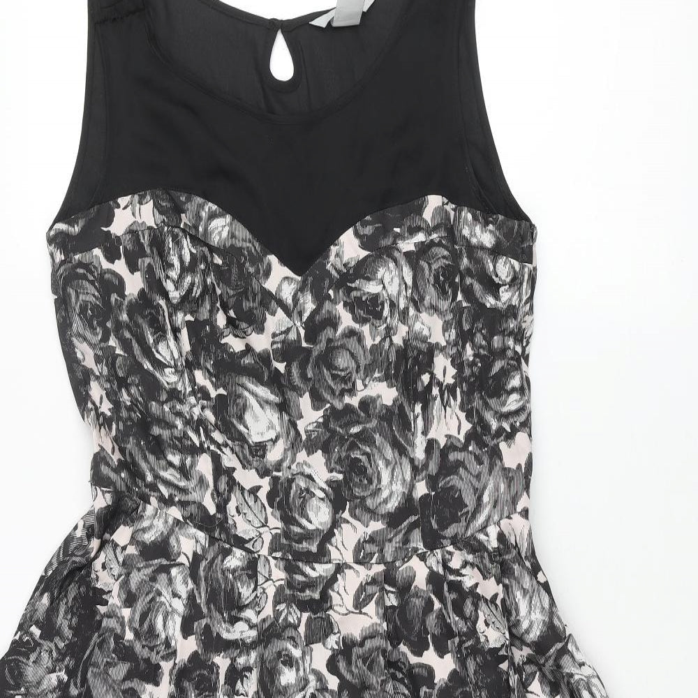 H&M Womens Black Floral Polyester Fit & Flare Size 12 Round Neck Zip - Pleated