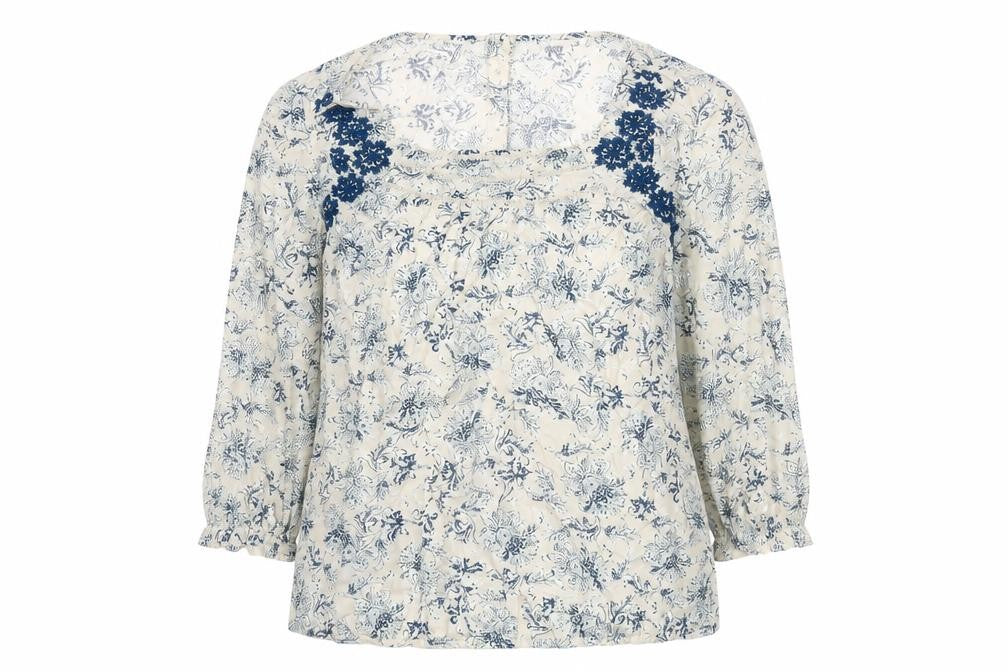 M&Co Womens Beige Geometric Cotton Basic Blouse Size 12 Scoop Neck - Embroidered Detail
