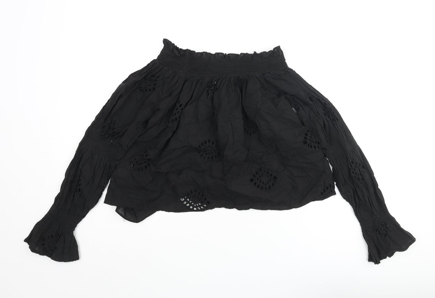 Zara Womens Black Cotton Basic Blouse Size S Round Neck - Frill Lace