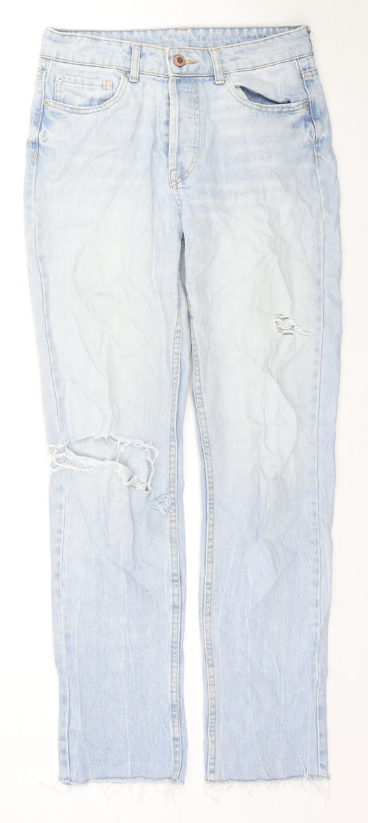 Bershka Womens Blue Cotton Straight Jeans Size 30 L29 in Regular Zip