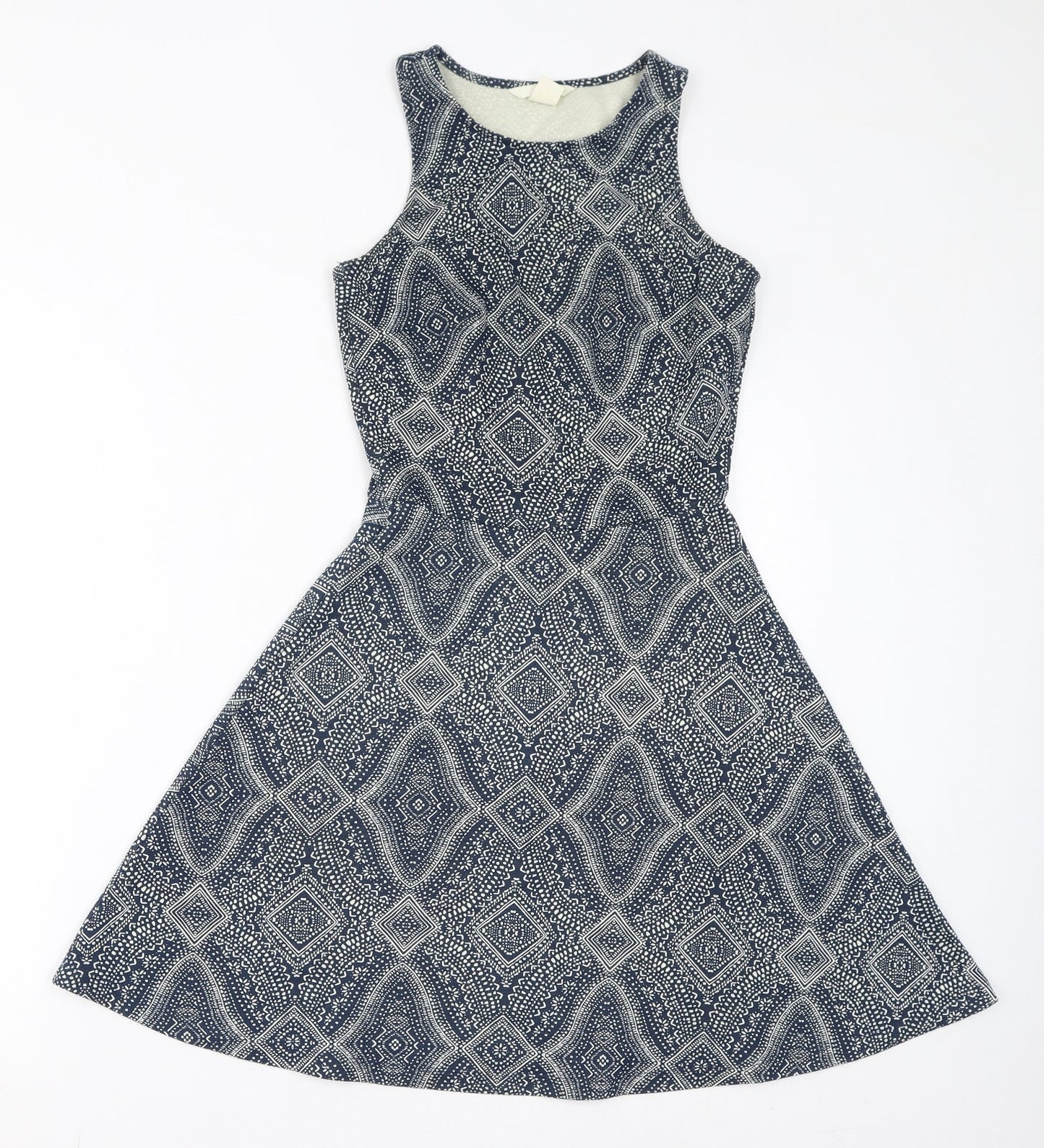 H&M Womens Blue Geometric Polyester Fit & Flare Size XS Round Neck Pullover