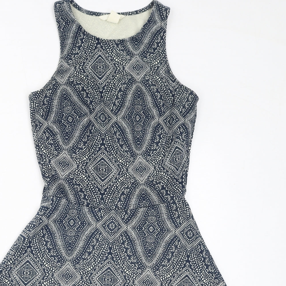 H&M Womens Blue Geometric Polyester Fit & Flare Size XS Round Neck Pullover