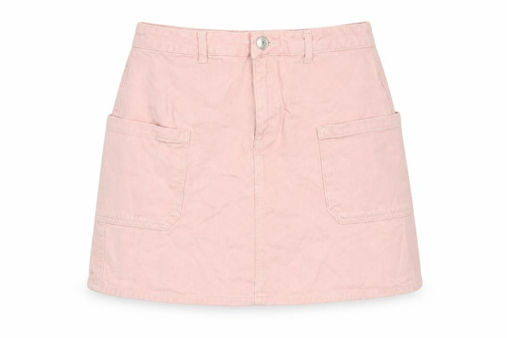 Front view of BDG women’s pink cotton a-line skirt, size M, zip - pockets