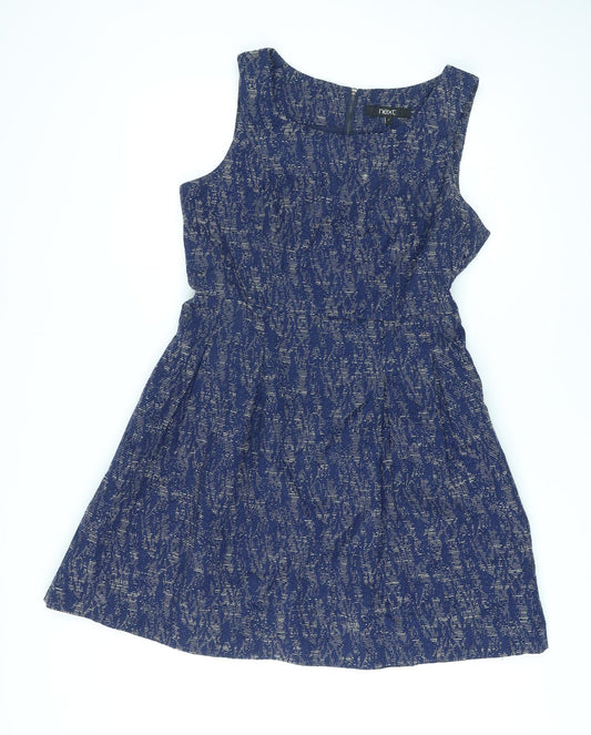 NEXT Womens Blue Geometric Polyester A-Line Size 14 Round Neck Zip